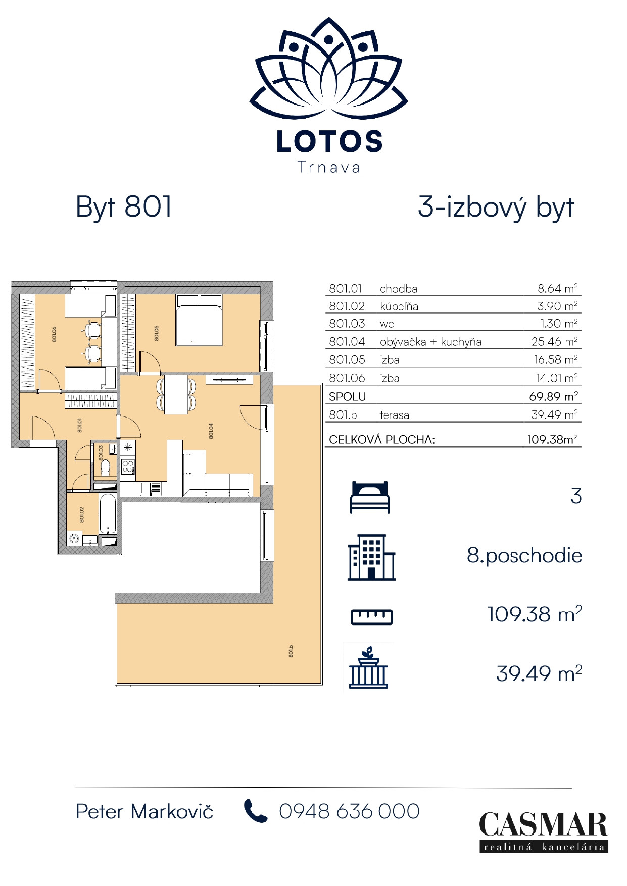 🌇 Exkluzívny 3-izb byt s veľkou terasou na 8. poschodí LOTOS