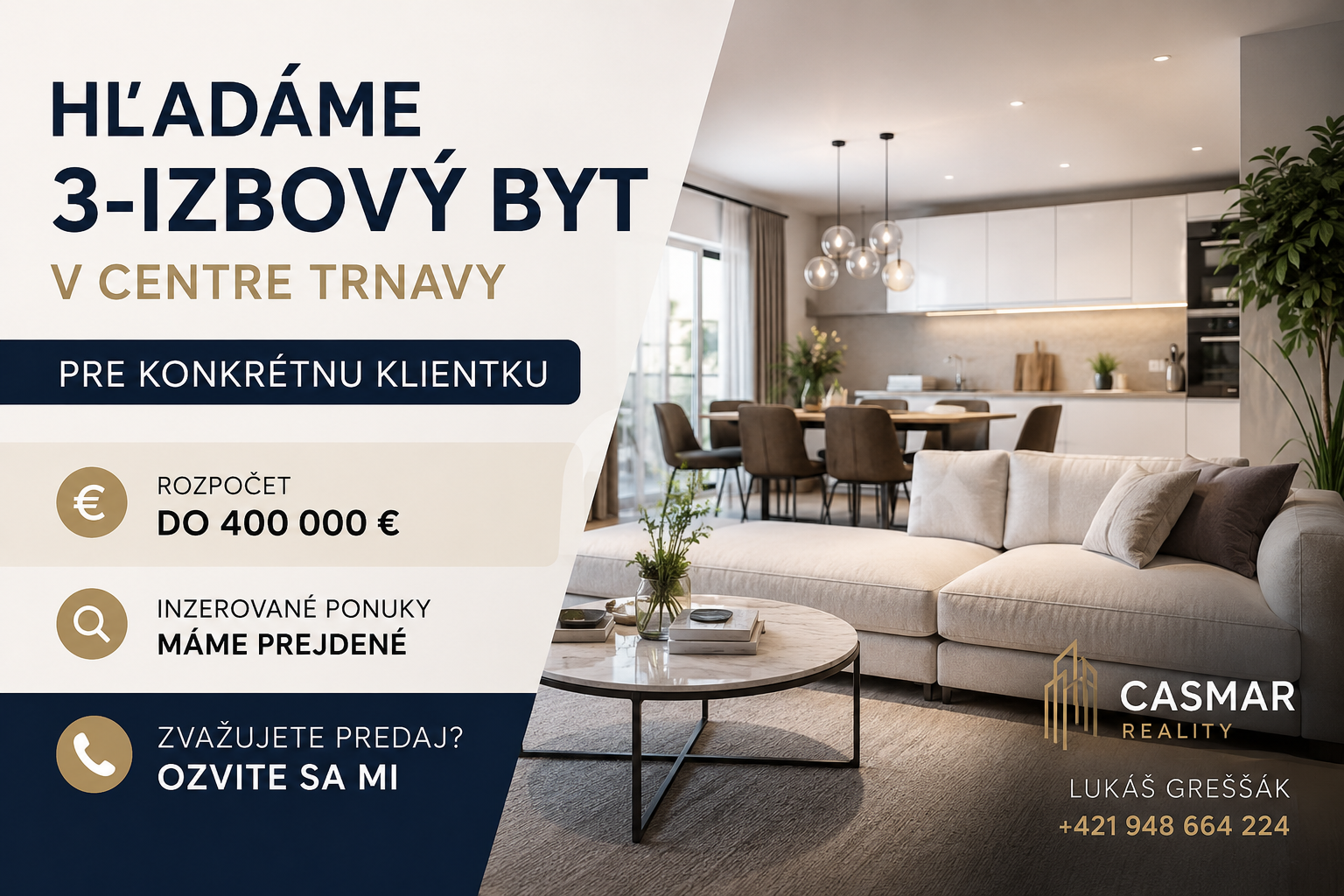 Hľadáme 3-izbový byt v centre Trnavy pre konkrétnu klientku