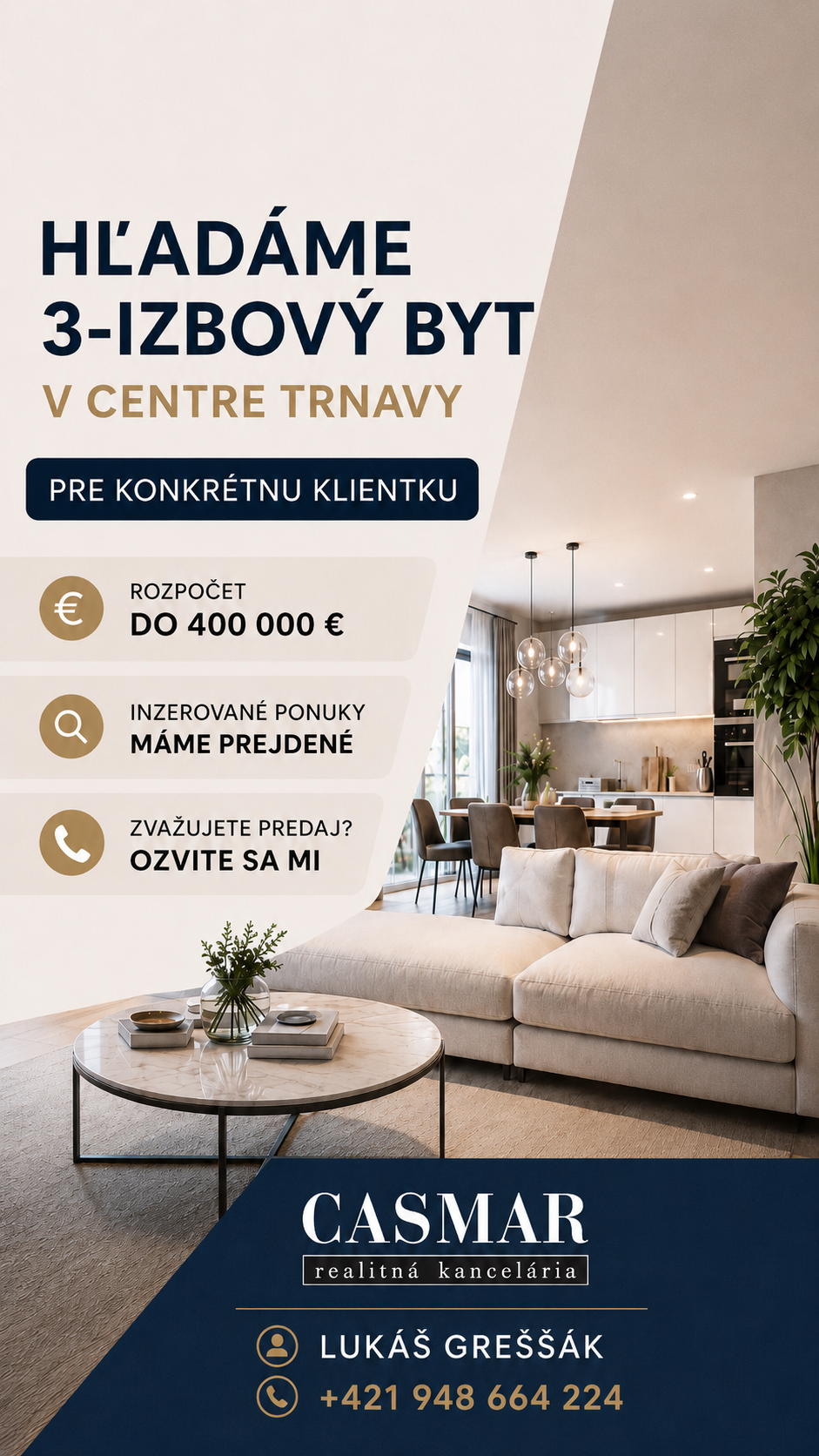 Hľadáme 3-izbový byt v centre Trnavy pre konkrétnu klientku